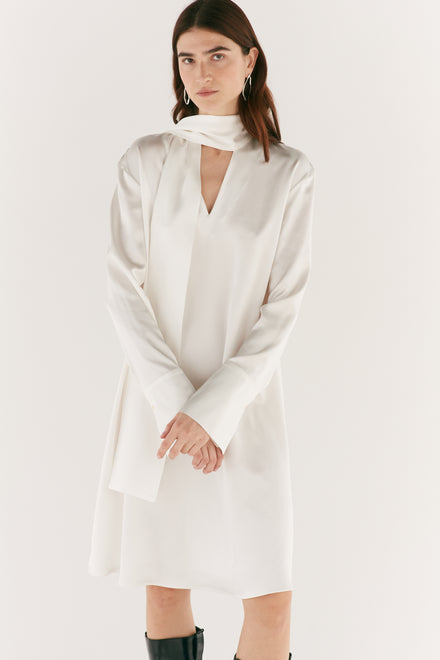 Ivory Silk Tie Neck Dress