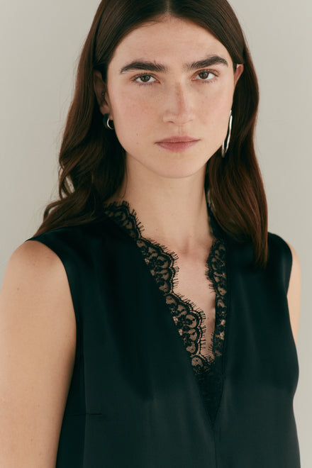 V Neck Black Lace & Silk Slip Dress