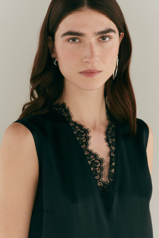 V Neck Black Lace & Silk Slip Dress