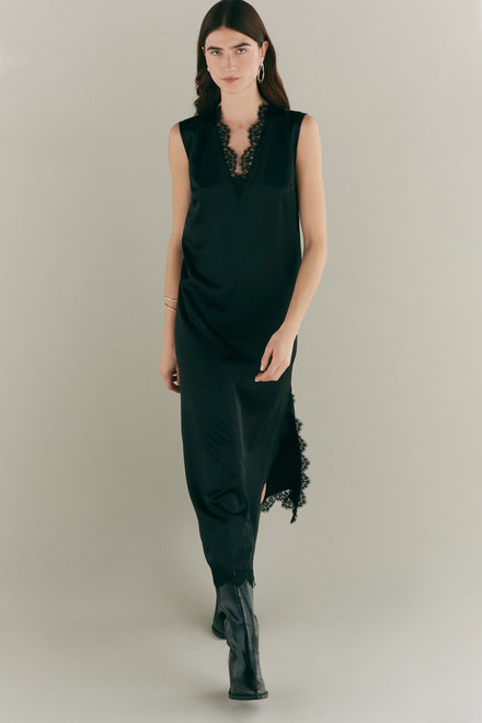 V Neck Black Lace & Silk Slip Dress