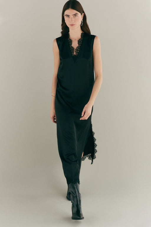 V Neck Black Lace & Silk Slip Dress