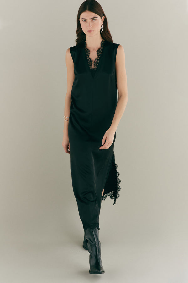 V Neck Black Lace & Silk Slip Dress