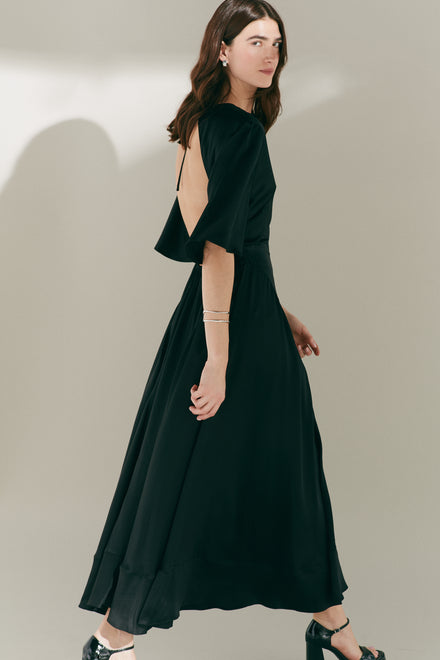 Open Back Black Silk Floaty Dress