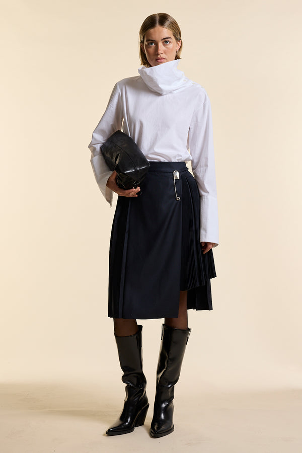 Navy Wool Midi Multi Pleat Wrap Skirt
