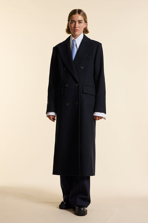 Navy Double Breasted Tailored Wool Coat