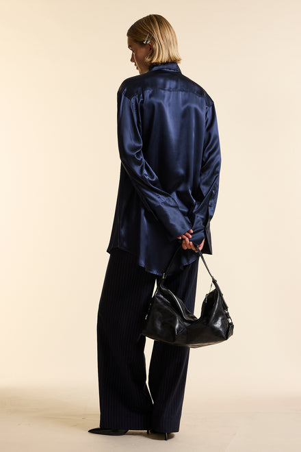 Navy Silk Oversized Tailored Shirt