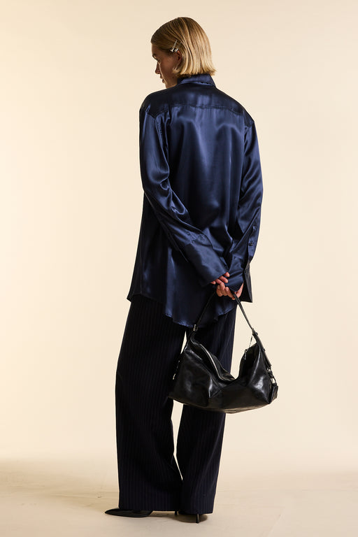 Navy Silk Oversized Tailored Shirt
