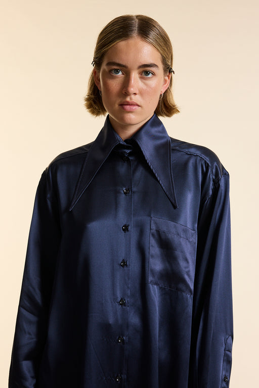 Navy Silk Oversized Tailored Shirt