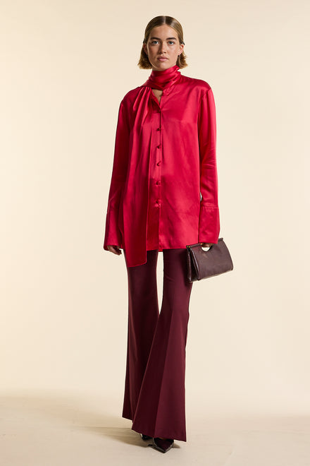 Red Silk Tie Neck Shirt