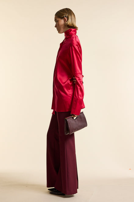 Red Silk Tie Neck Shirt
