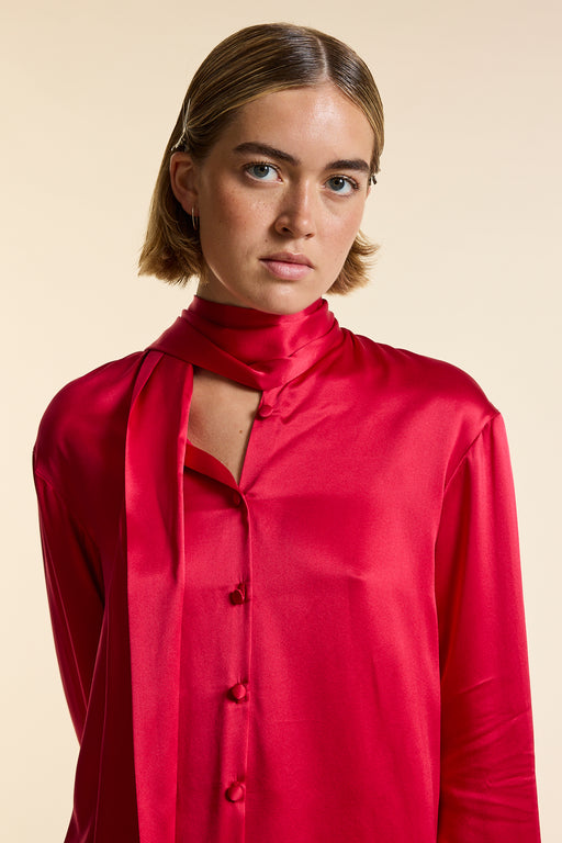 Red Silk Tie Neck Shirt