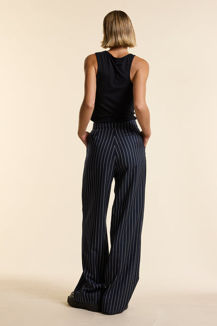 Navy Wool Bold Pinstripe Wide Leg Trouser