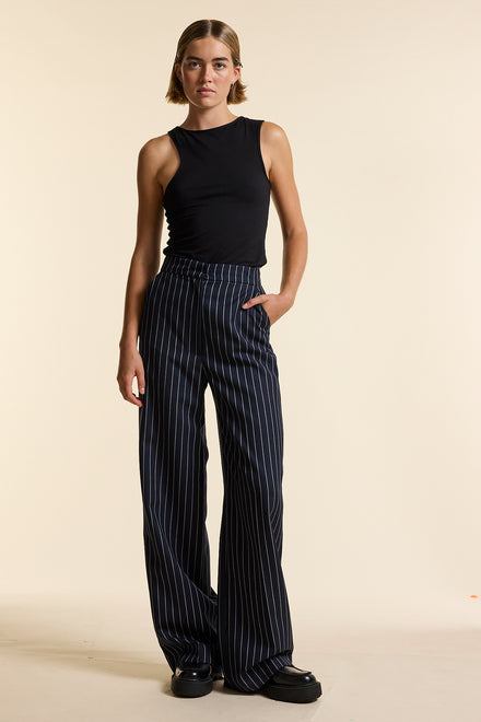 Navy Wool Bold Pinstripe Wide Leg Trouser
