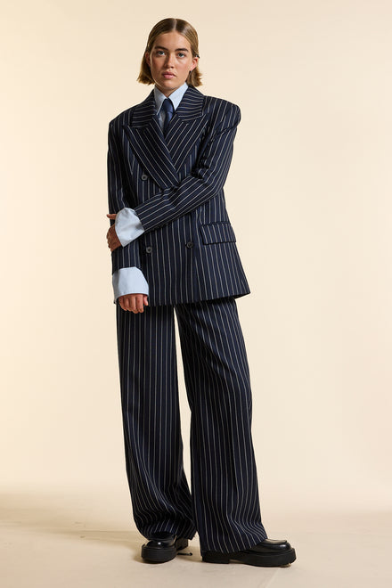 Navy Wool Bold Pinstripe Double Breasted Jacket