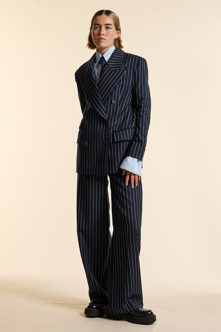 Navy Wool Bold Pinstripe Double Breasted Jacket