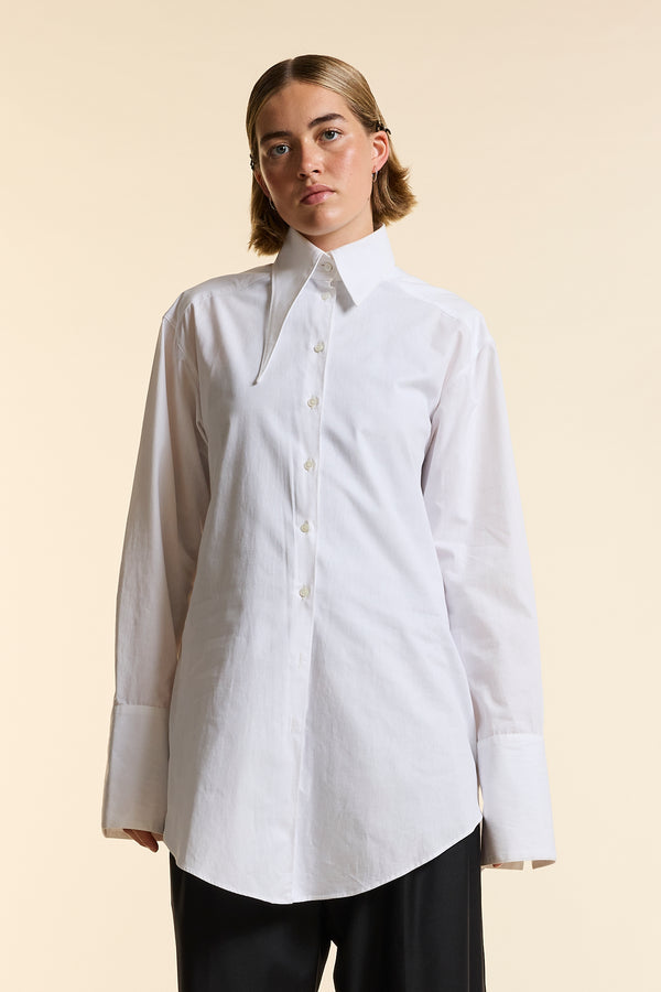 White Asymmetrical Collar Oversized Tailored Organic Poplin Shirt