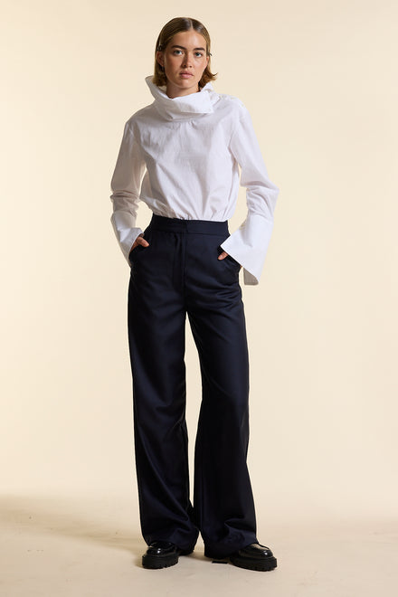Navy Wool Wide Leg Trouser