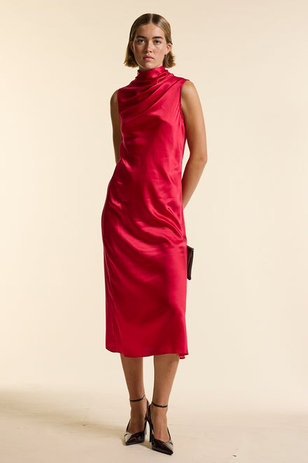 Red Silk Sleeveless Gathered Neck Dress