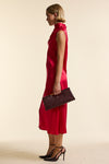 Red Silk Sleeveless Gathered Neck Dress