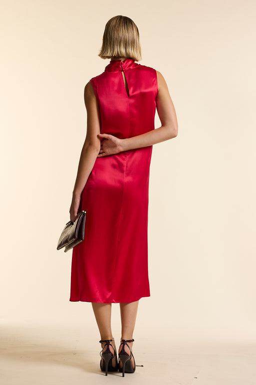 Red Silk Sleeveless Gathered Neck Dress