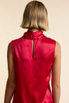 Red Silk Sleeveless Gathered Neck Dress