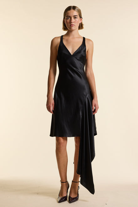 Black Silk Asymmetrical Strap Floaty Dress