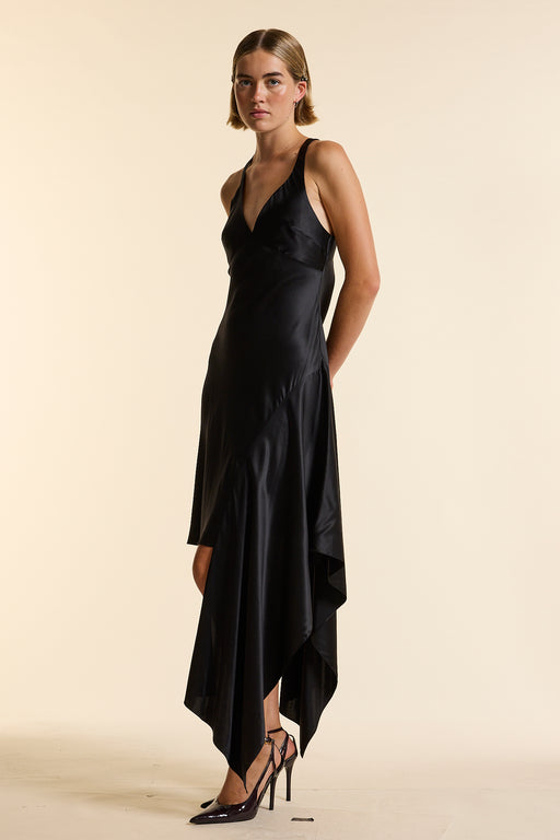 Black Silk Asymmetrical Strap Floaty Dress