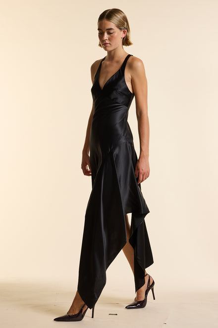 Black Silk Asymmetrical Strap Floaty Dress
