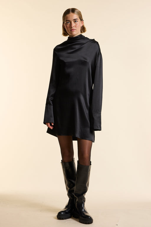 Black Silk Gathered Neck Dress