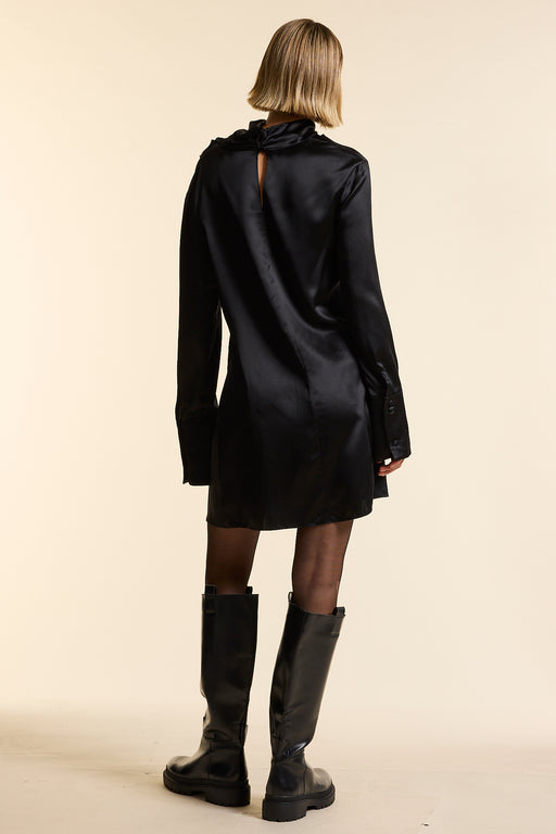 Black Silk Gathered Neck Dress