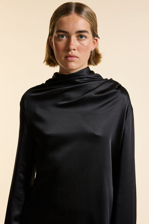 Black Silk Gathered Neck Dress
