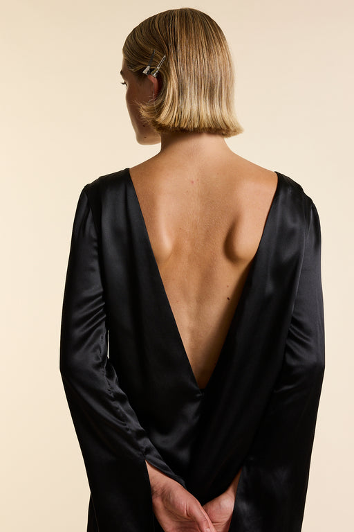 Black Silk V Back Dress