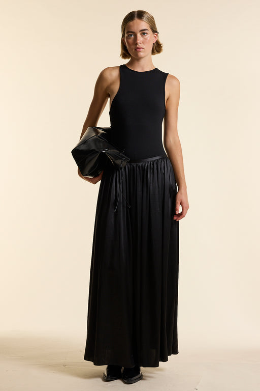 Black Silk Long Gathered Skirt