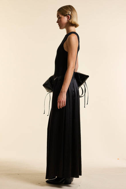 Black Silk Long Gathered Skirt