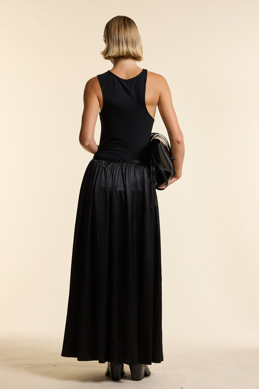 Black Silk Long Gathered Skirt