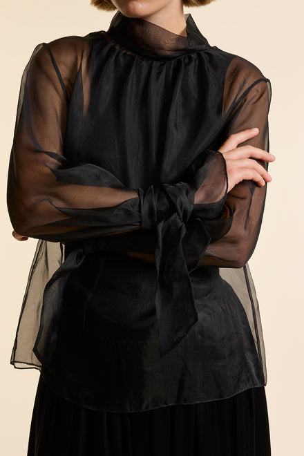 Black Organza Silk Tie Cuff Shirt