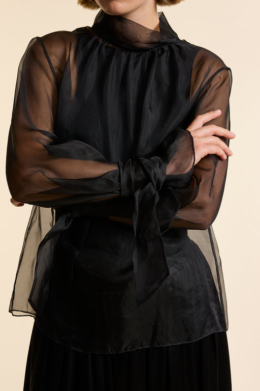 Black Organza Silk Tie Cuff Shirt