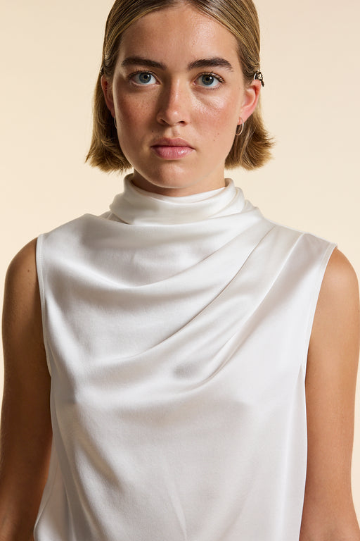 Ivory Silk Sleeveless Gathered Neck Top