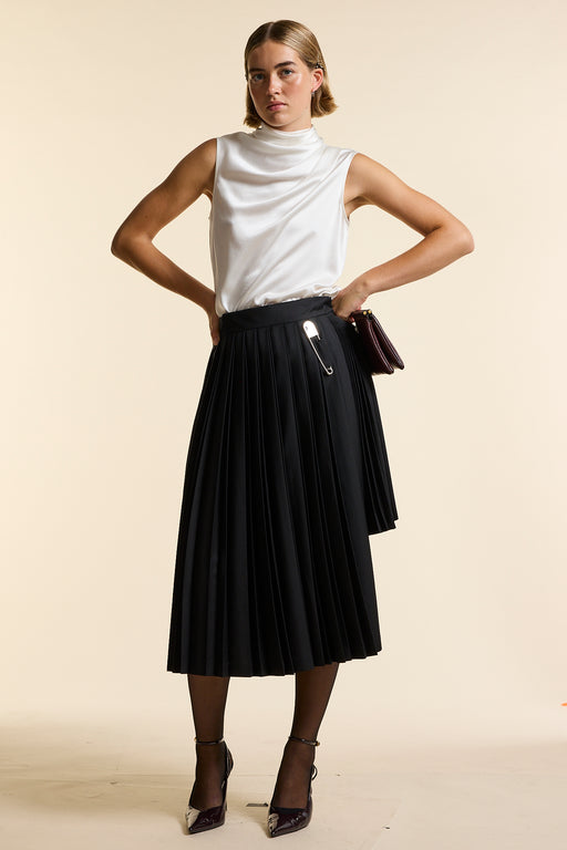 Black Wool Midi Double Pleat Wrap Skirt