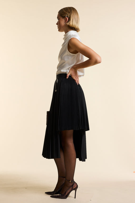 Black Wool Midi Double Pleat Wrap Skirt