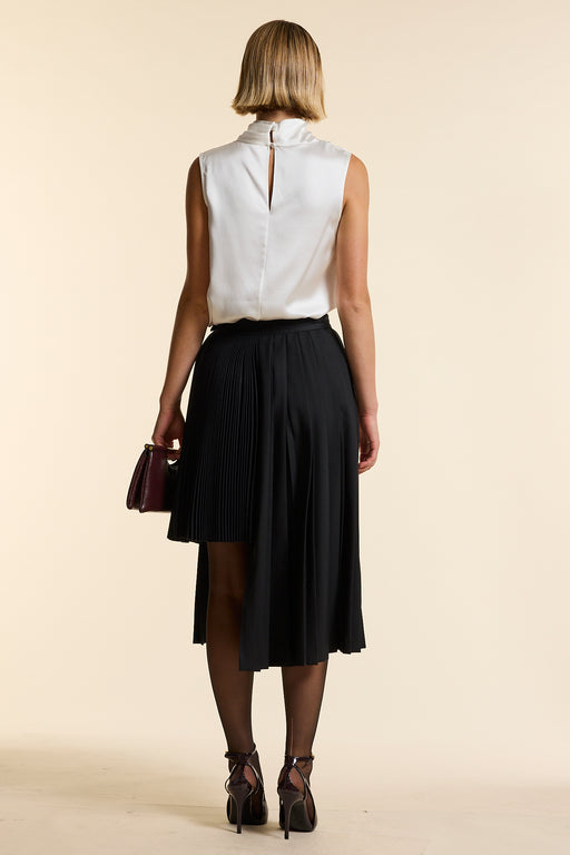 Black Wool Midi Double Pleat Wrap Skirt