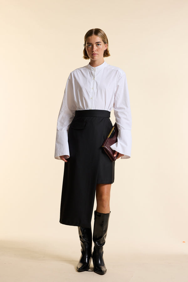 Black Wool Straight Wrap Skirt