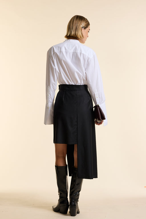 Black Wool Straight Wrap Skirt