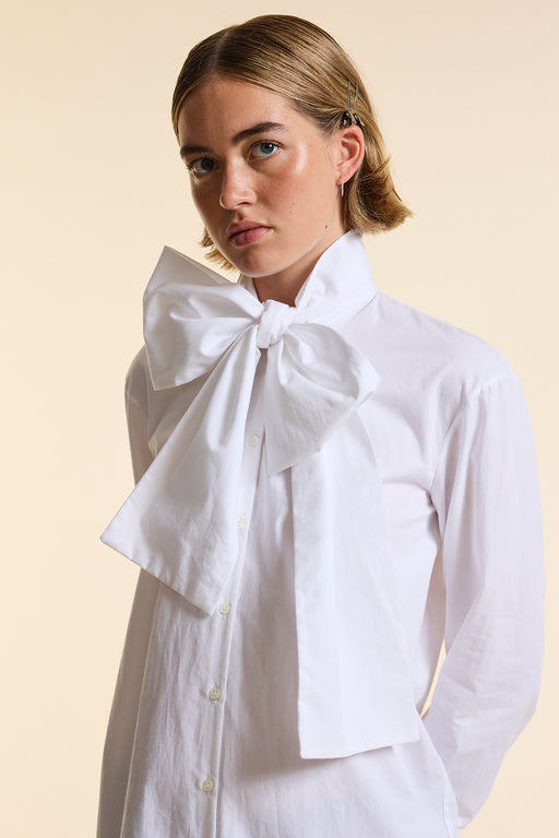 White Poplin Tie Neck Shirt