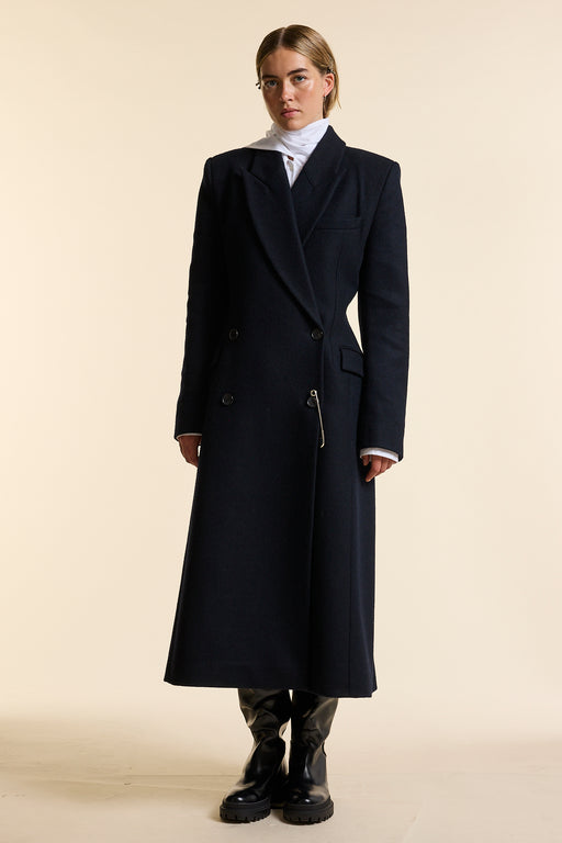 Navy Wool Double Breasted Sculpted Coat