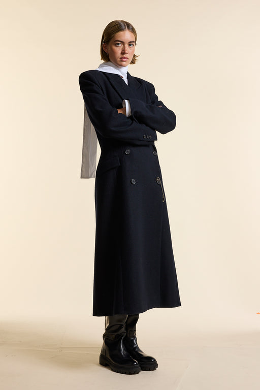 Navy Wool Double Breasted Sculpted Coat