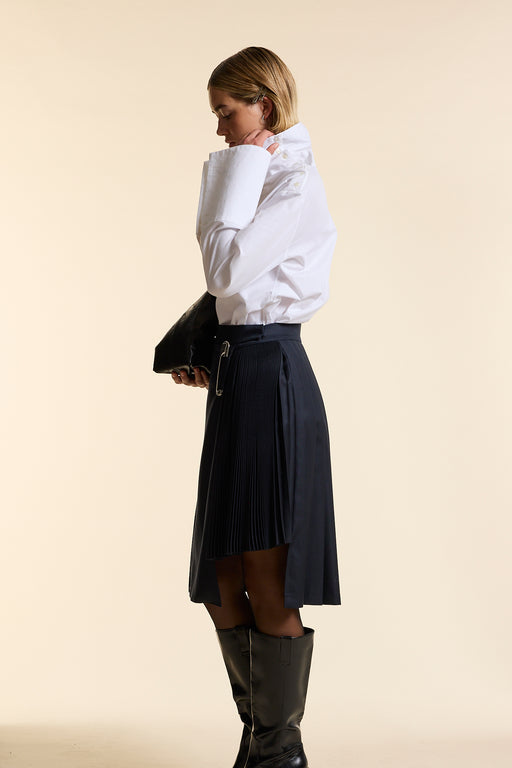 Navy Wool Midi Multi Pleat Wrap Skirt