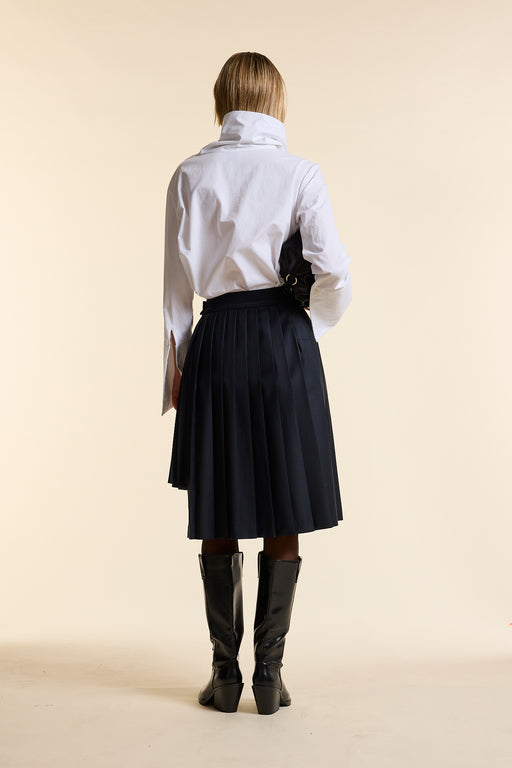 Navy Wool Midi Multi Pleat Wrap Skirt