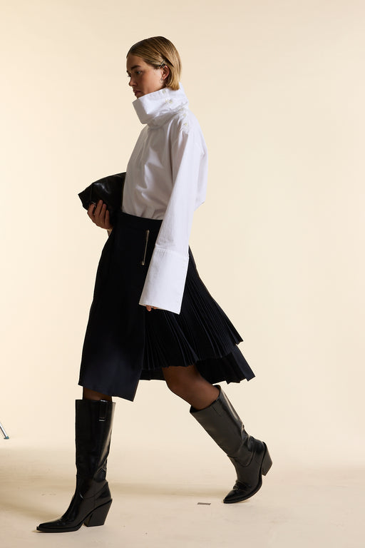 Navy Wool Midi Multi Pleat Wrap Skirt