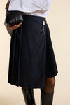 Navy Wool Midi Multi Pleat Wrap Skirt
